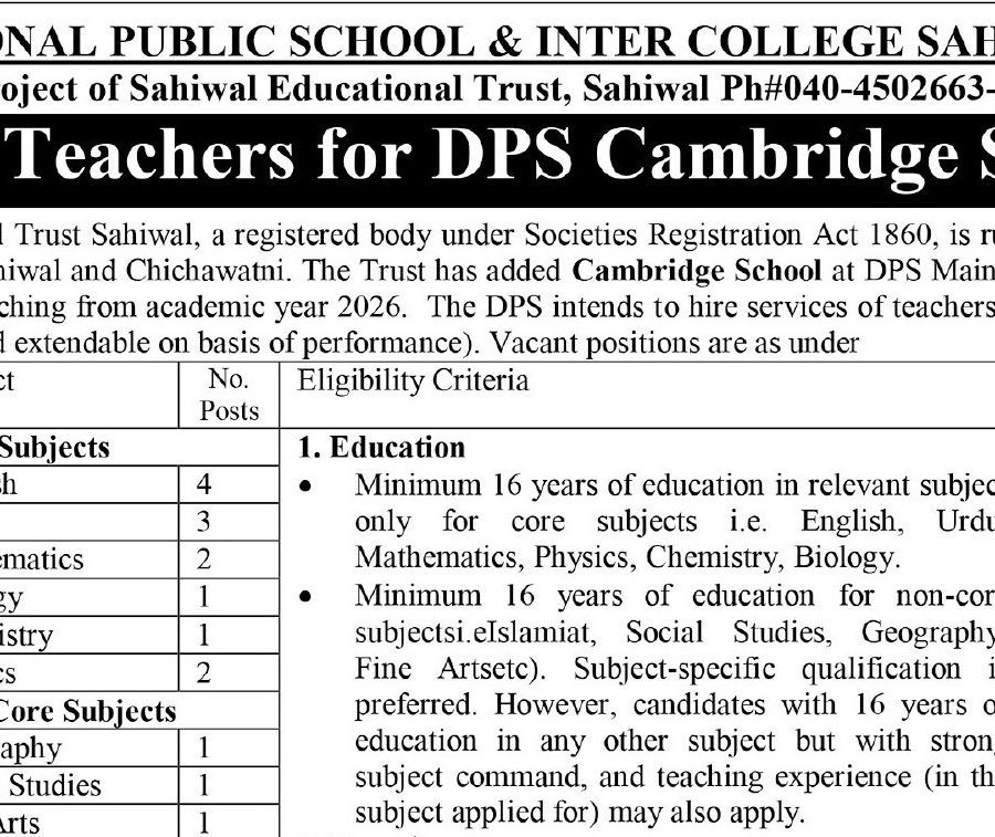 Divisional Public School & Inter College Sahiwal Jobs 2026 – Teaching Vacancies