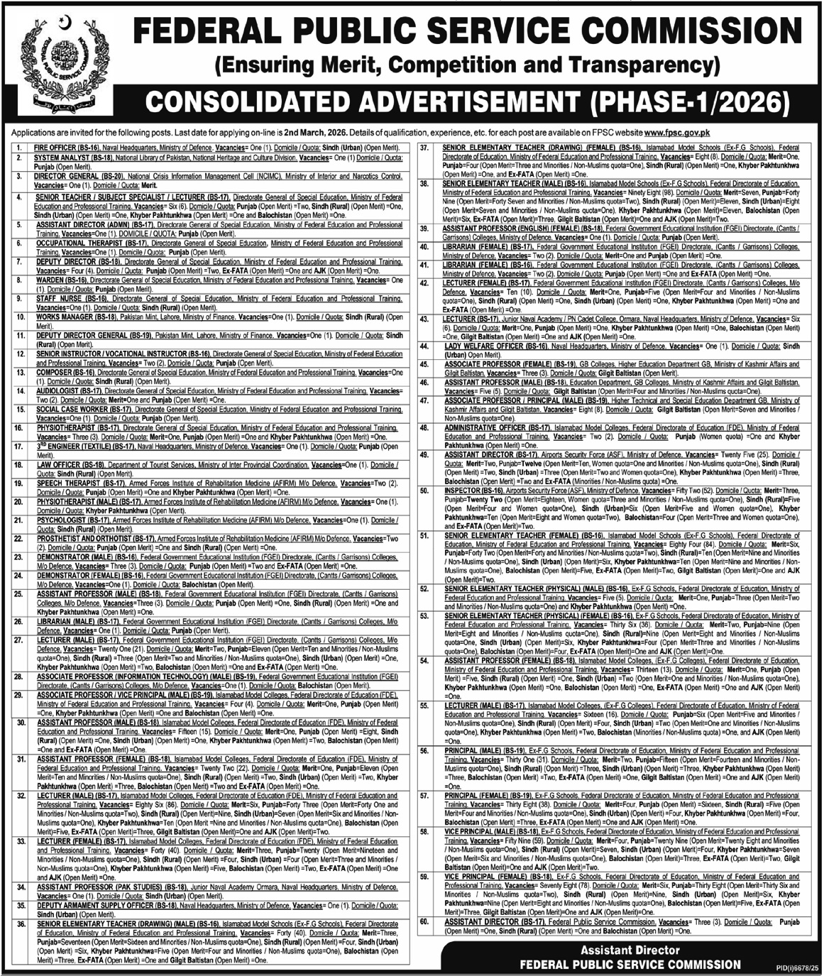 Latest Federal Public Service Commission FPSC Jobs Islamabad 2026