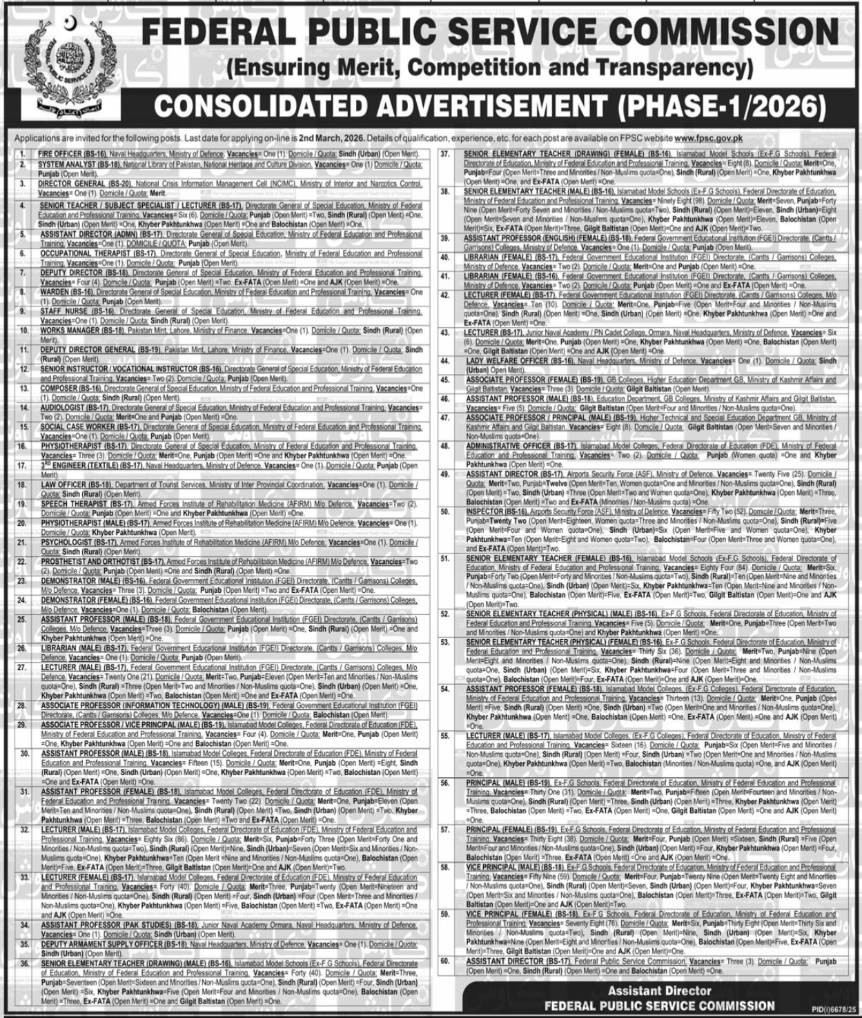 Latest Federal Public Service Commission FPSC Jobs Islamabad 2026