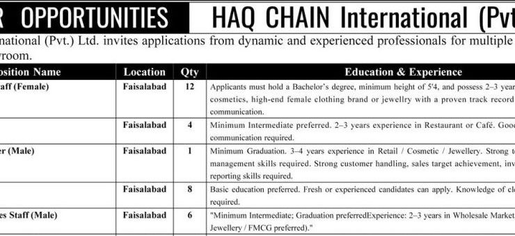 Haq Chain International (Pvt.) Ltd. Jobs 2026 – Faisalabad Showroom Vacancies