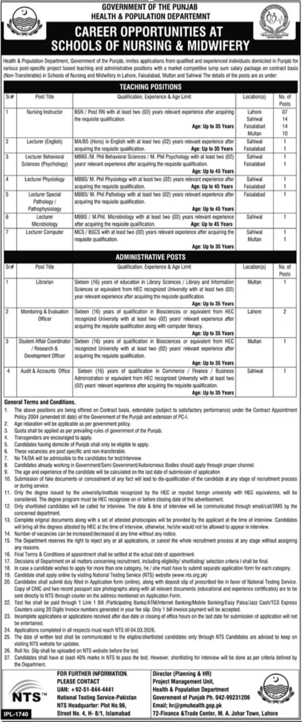 Latest Health & Population Department Medical Jobs Lahore 2026