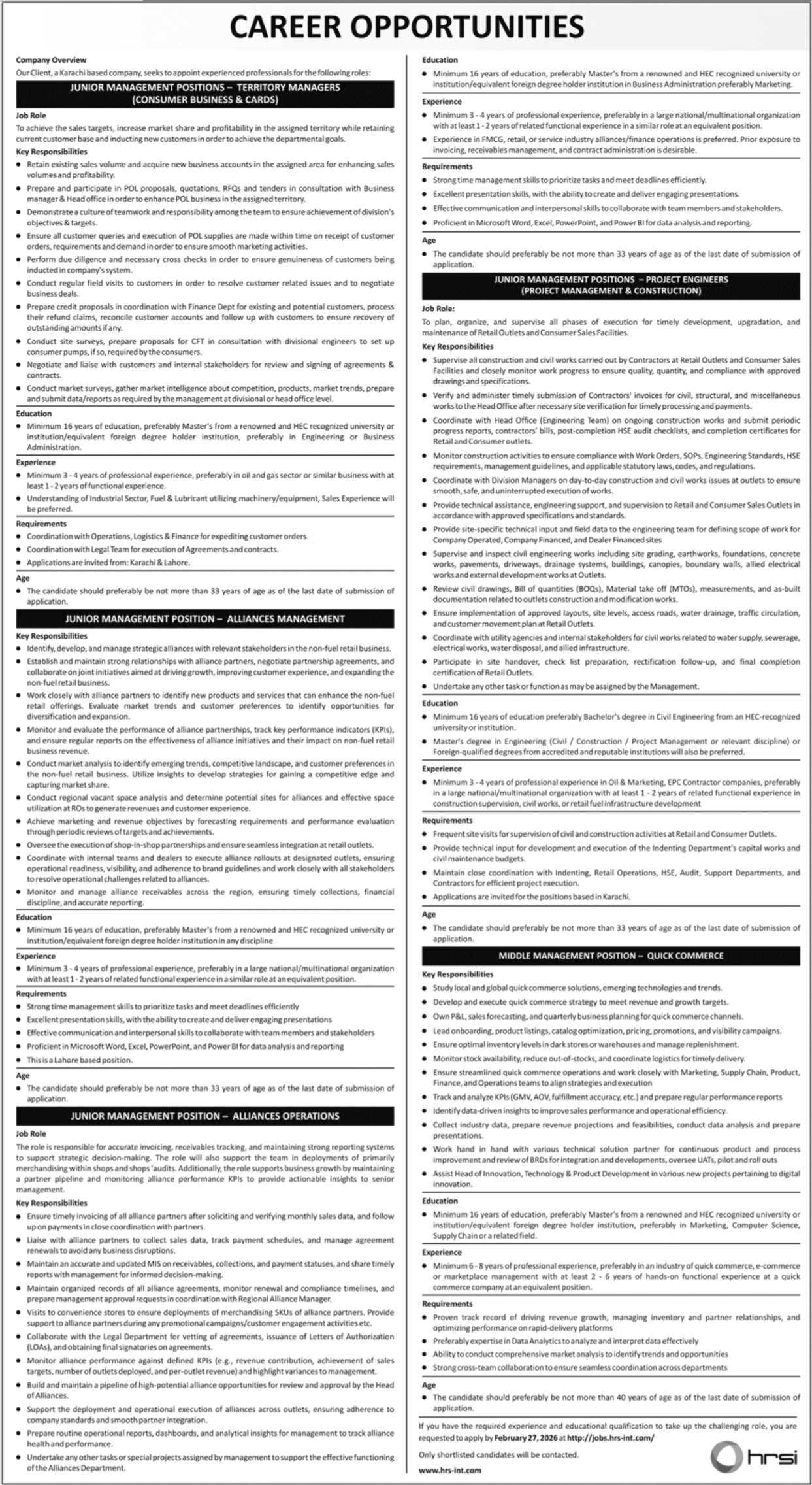 Latest Human Resource Solutions International HRSI Jobs  Karachi 2026