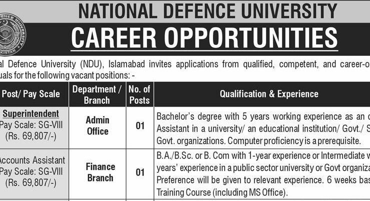Latest National Defence University NDU Jobs Islamabad 2026
