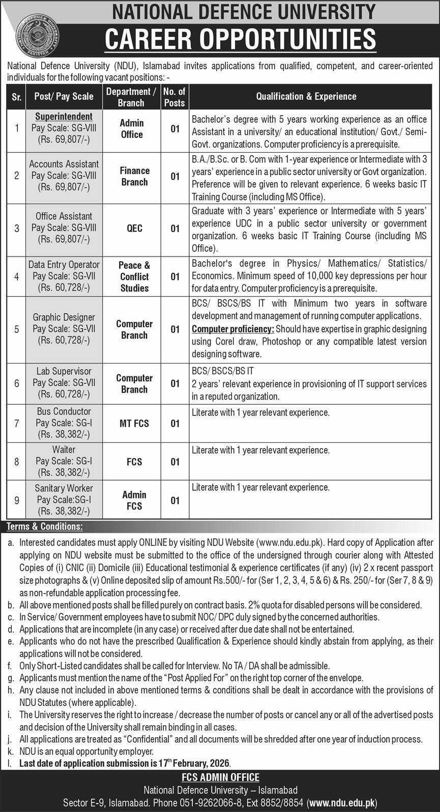 Latest National Defence University NDU Jobs Islamabad 2026