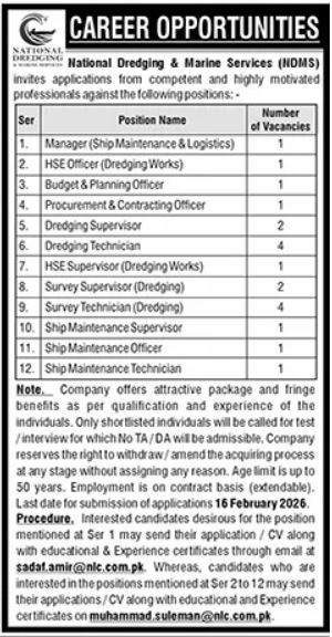 Latest National Dredging & Marine Services NDMS Jobs Islamabad 2026