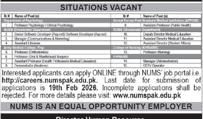 National University of Medical Sciences (NUMS) Jobs 2026 – Apply Online