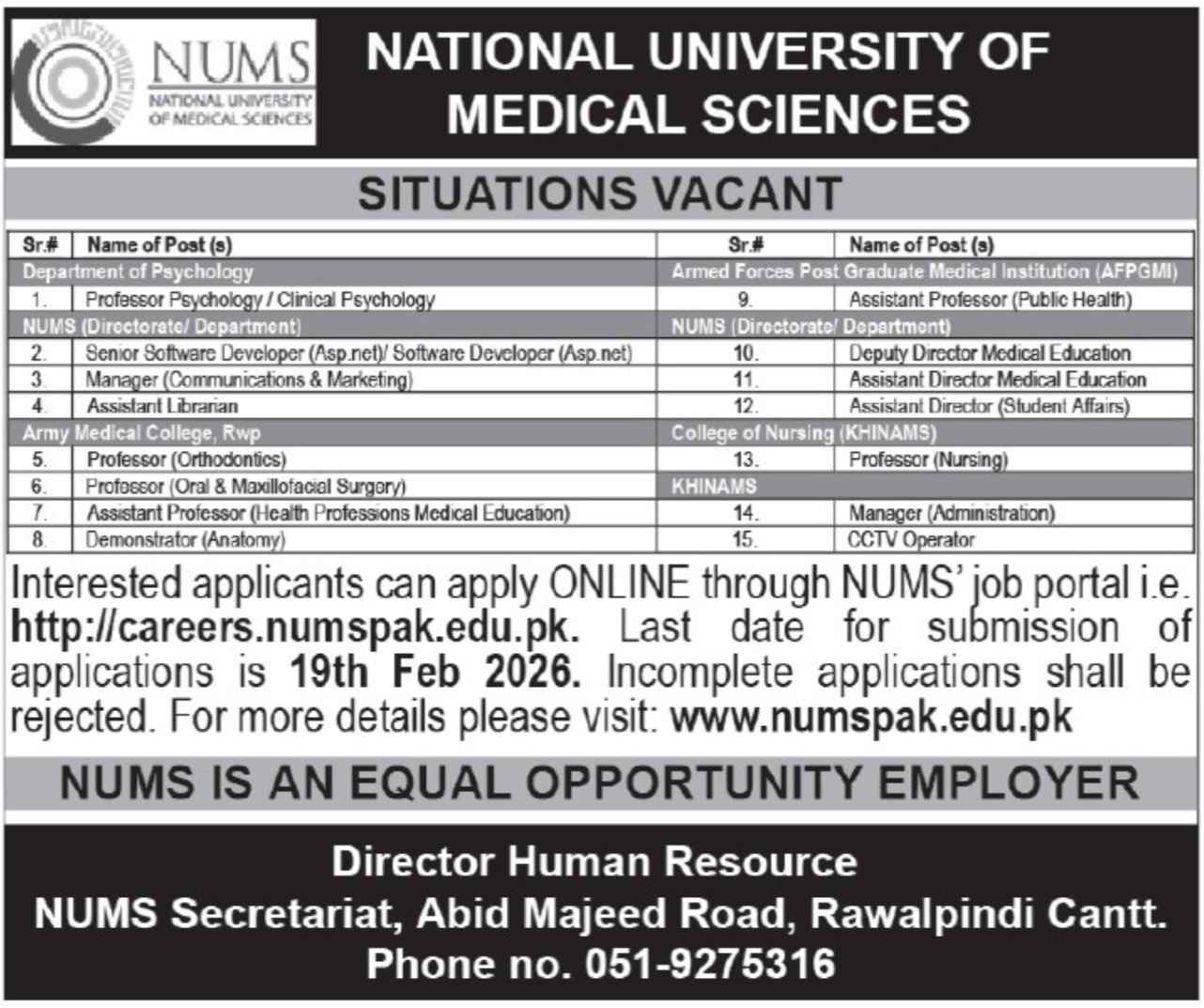 Latest National University of Medical Sciences NUMS Education Jobs Rawalpindi 2026