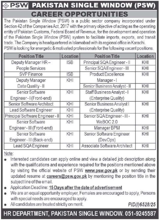 Latest Pakistan Single Window PSW Jobs Islamabad 2026