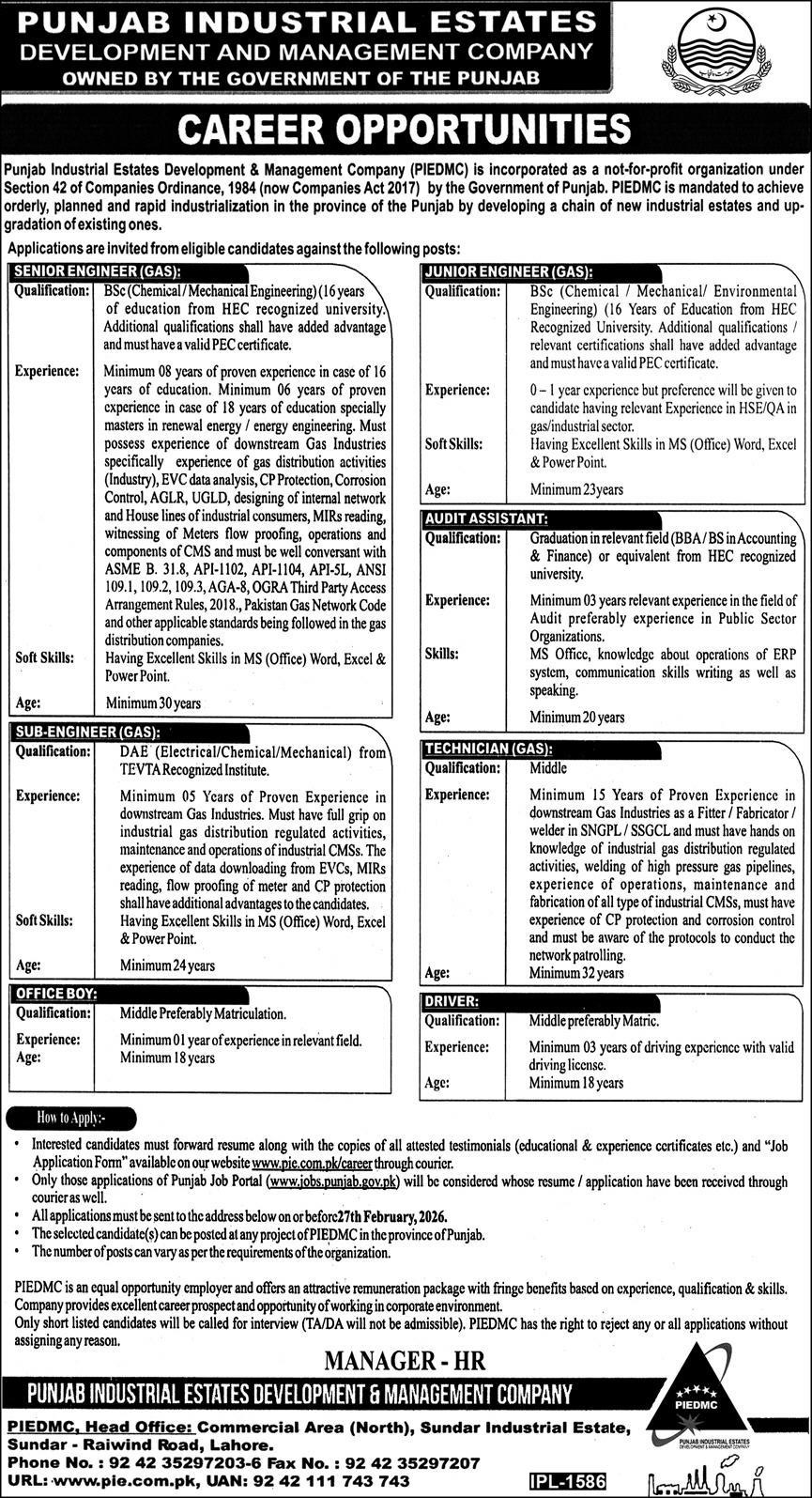 Latest Punjab Industrial Estates Development and Management Company PIEDMC Jobs Lahore 2026