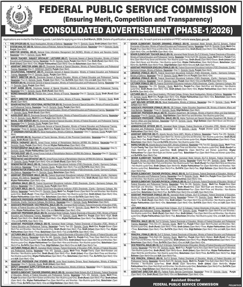 Latest Federal Public Service Commission FPSC  Jobs Islamabad 2026