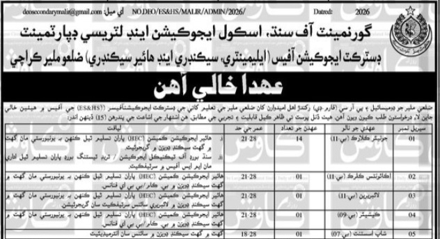 School Education & Literacy Department Sindh Jobs 2026 – Malir Karachi Vacancies