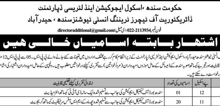 Sindh Education Department Jobs 2026 – Directorate of Teachers Training Institutions