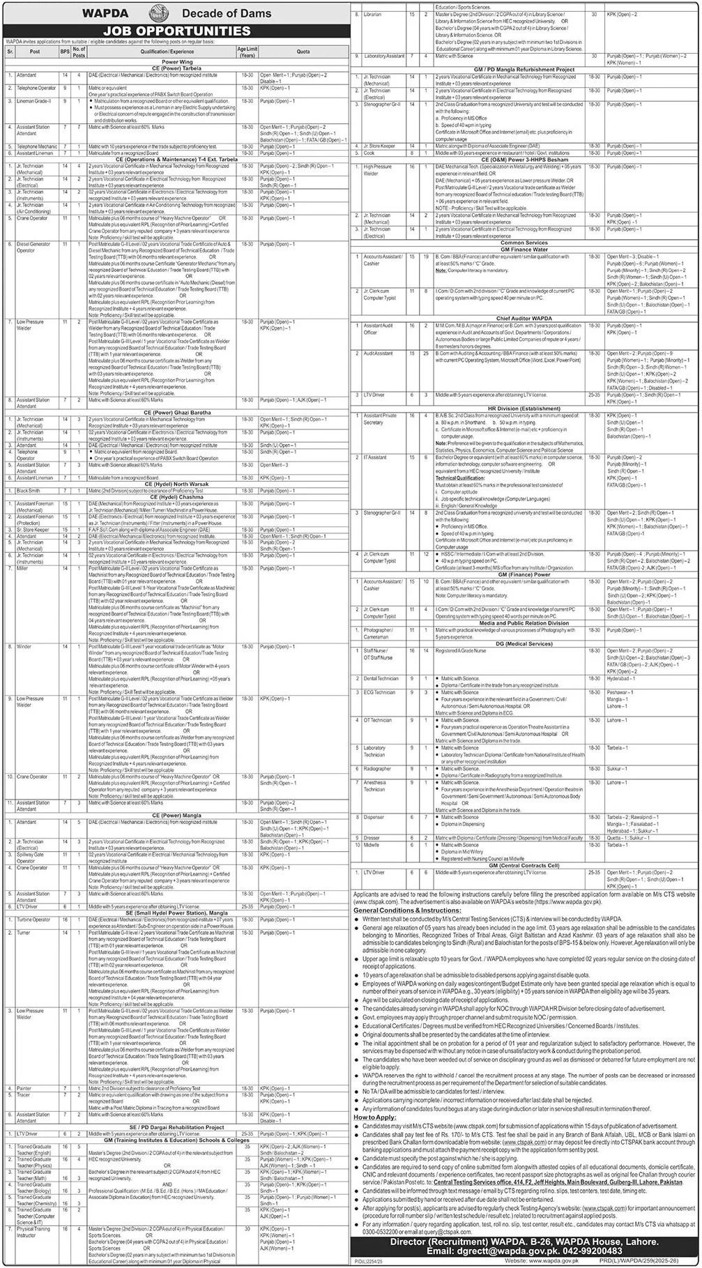 Latest Water and Power Development Authority WAPDA Jobs Lahore 2026