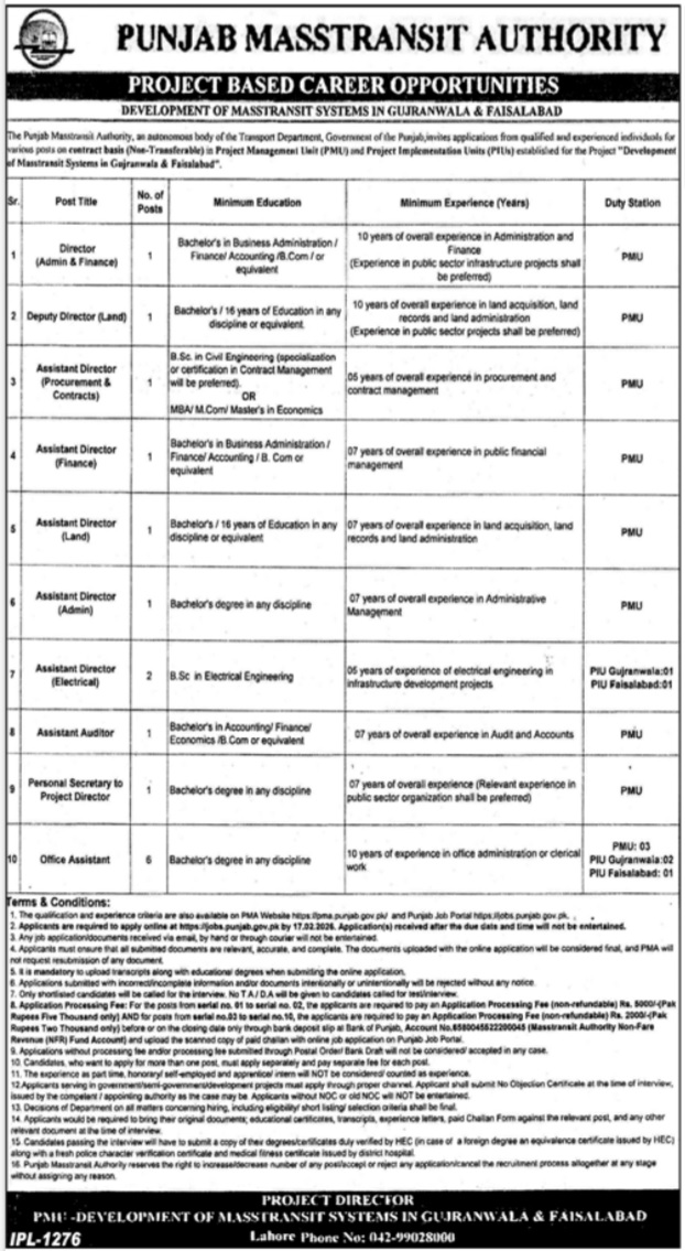 Punjab Masstransit Authority PMU & PIU Jobs 2026 – Project-Based Vacancies