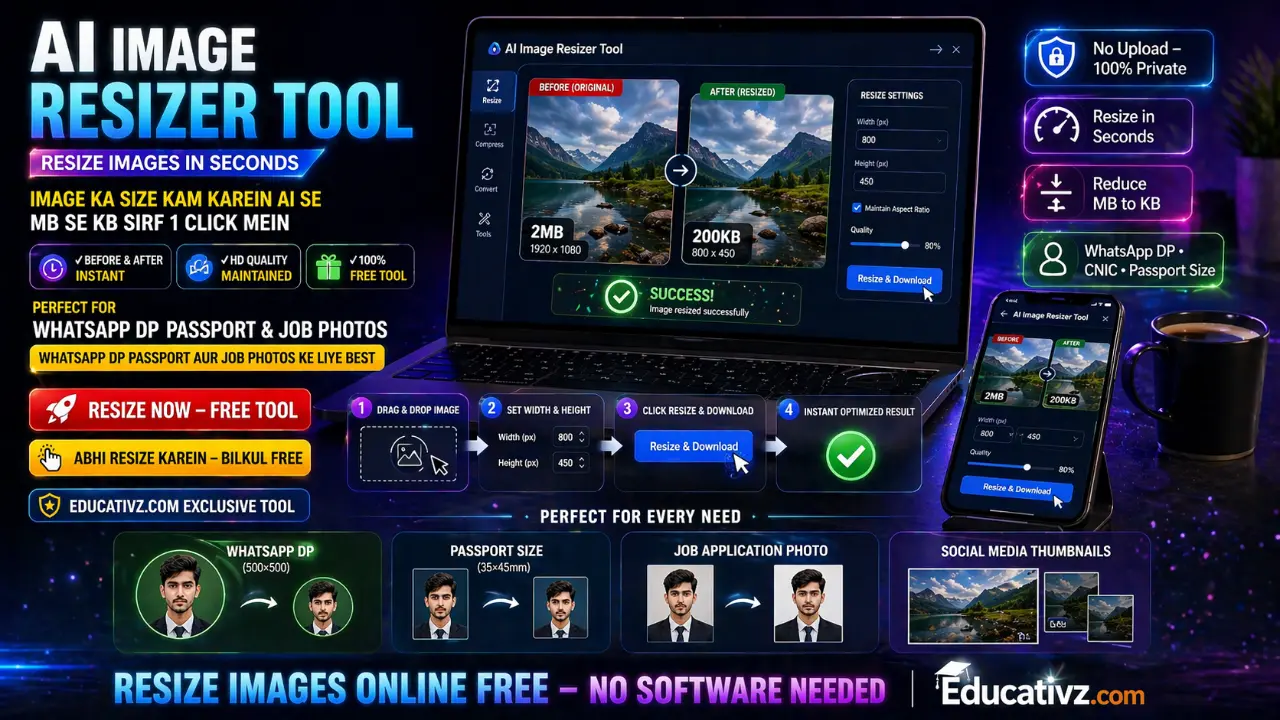 AI Image Resizer Tool by Educativz - Resize photos for WhatsApp DP, Passport Size and Job Applications online free.