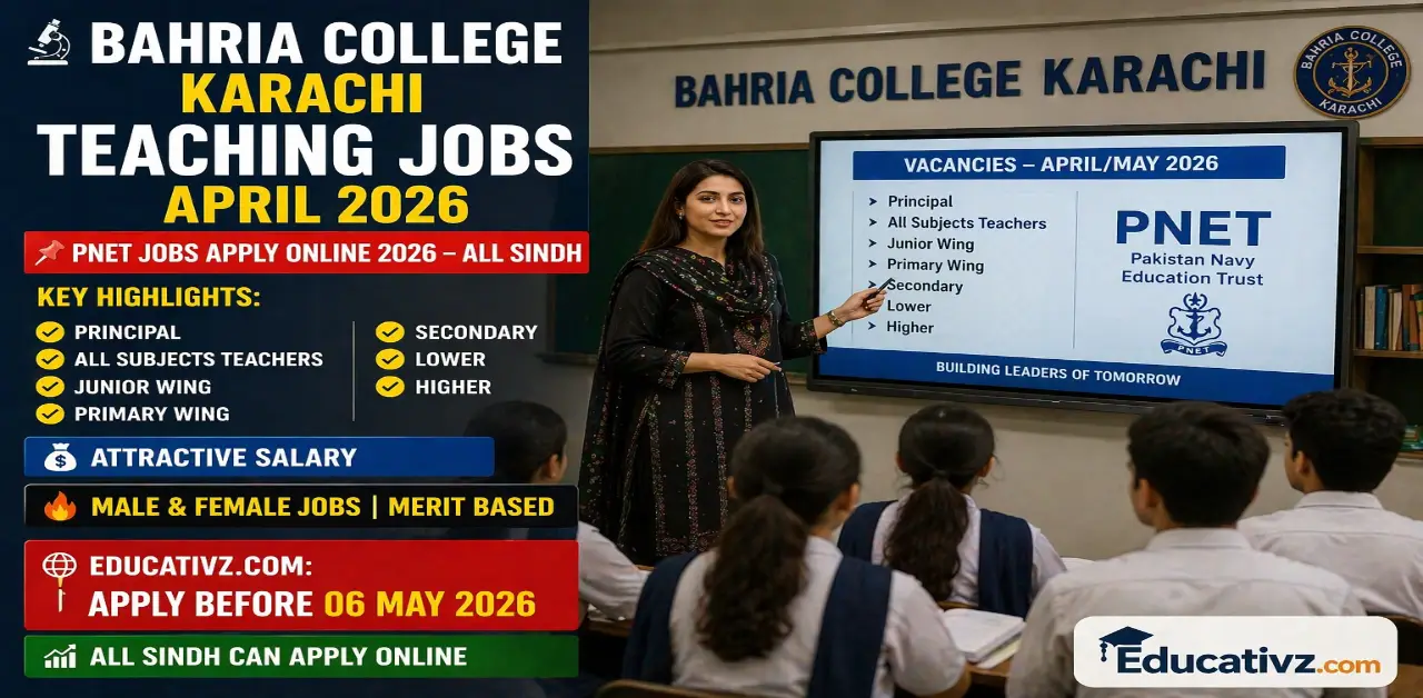 Official advertisement for Pakistan Navy Educational Trust PNET Bahria College Karachi Teaching Faculty Jobs April 2026.