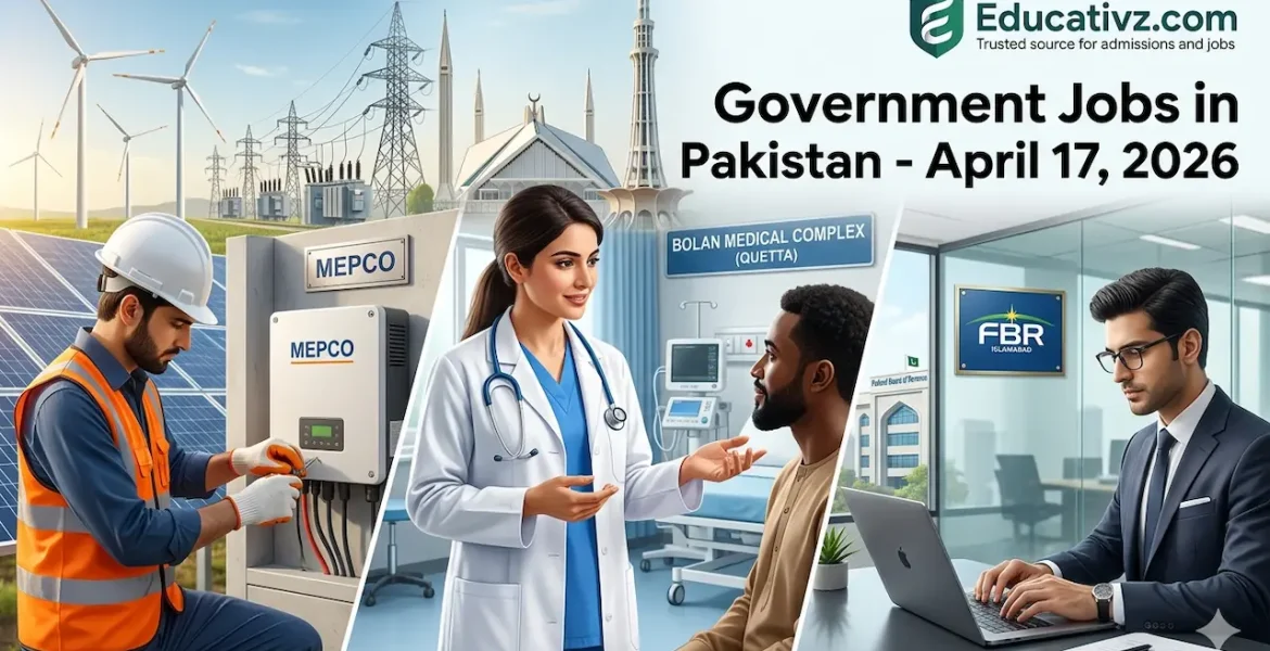 Educativz.com Daily Government Job Alert (April 17, 2026) featuring MEPCO Technician, Bolan Medical Doctor (Quetta), and FBR Administrative Staff.