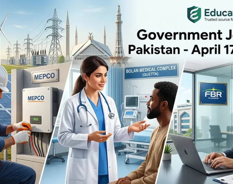 Educativz.com Daily Government Job Alert (April 17, 2026) featuring MEPCO Technician, Bolan Medical Doctor (Quetta), and FBR Administrative Staff.