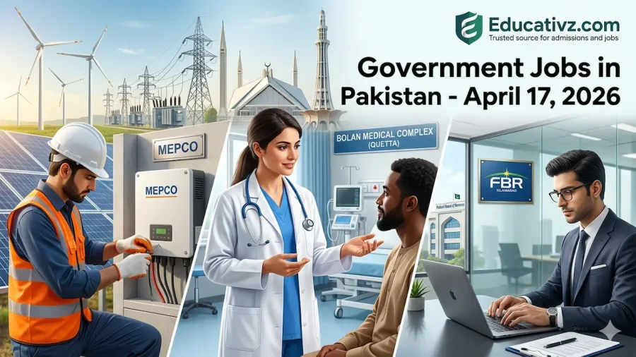 Educativz.com Daily Government Job Alert (April 17, 2026) featuring MEPCO Technician, Bolan Medical Doctor (Quetta), and FBR Administrative Staff.