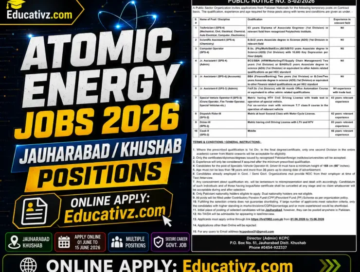 Official Career Opportunity Notice for Atomic Energy Jauharabad Khushab Jobs 2026 June Advertisement