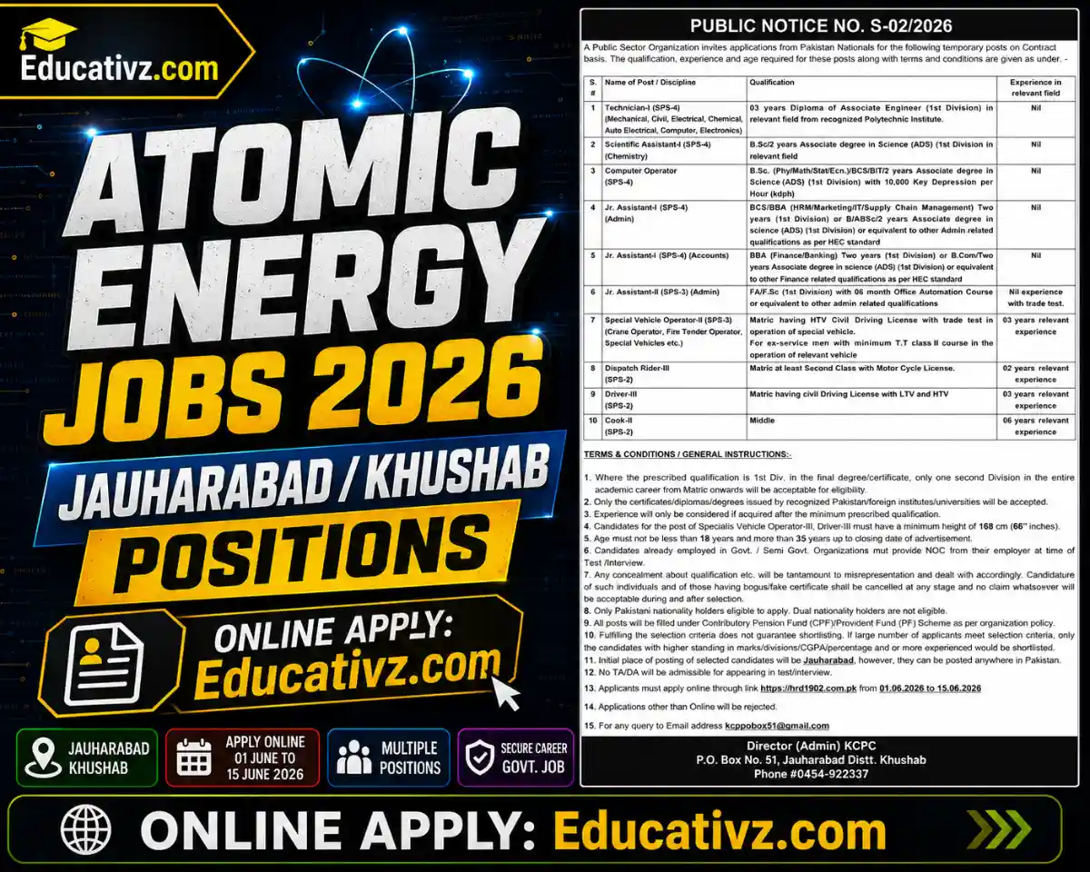 Official Career Opportunity Notice for Atomic Energy Jauharabad Khushab Jobs 2026 June Advertisement