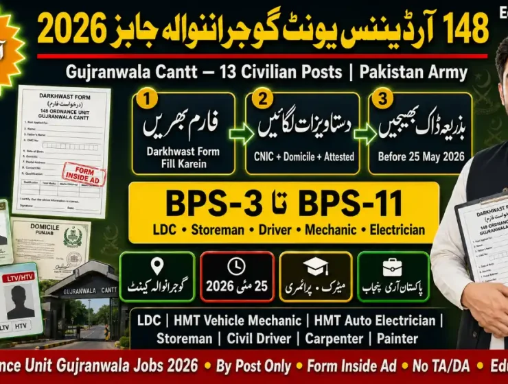 148 Ordnance Unit Gujranwala Cantt Jobs May 2026 — Apply by Post | Educativz