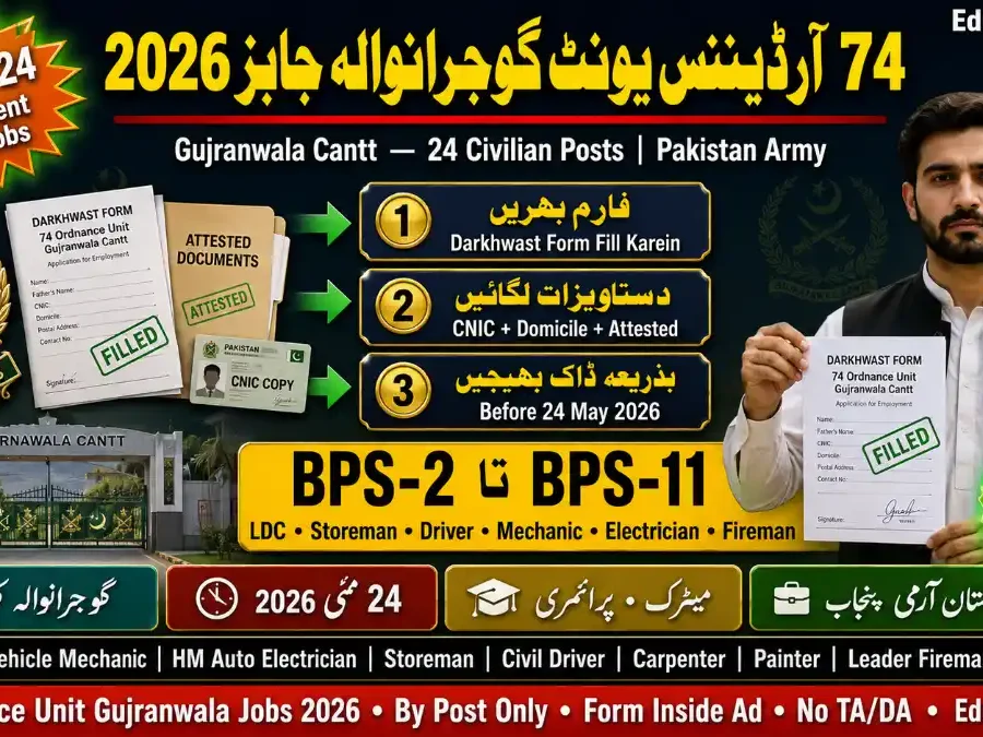 74 Ordnance Unit Gujranwala Cantt Jobs May 2026 — Apply by Post | Educativz