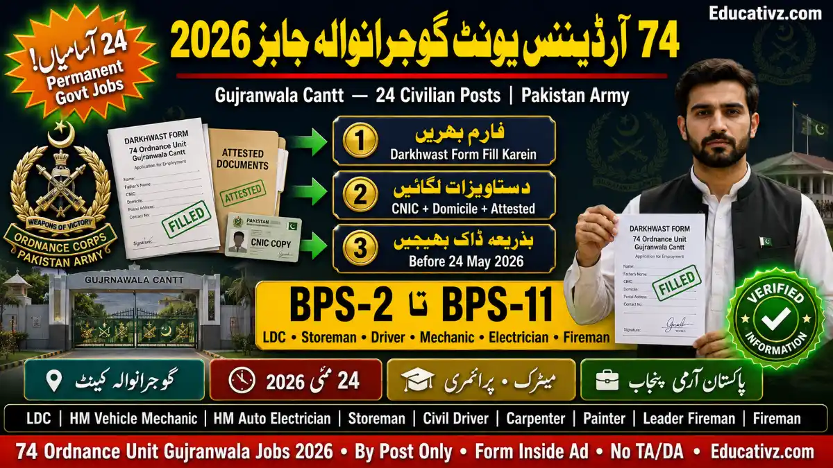 74 Ordnance Unit Gujranwala Cantt Jobs May 2026 — Apply by Post | Educativz