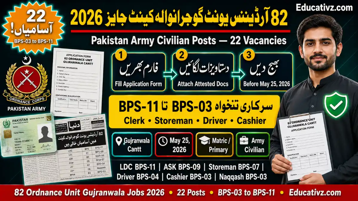 82 Ordnance Unit Gujranwala Cantt Jobs 2026 — LDC, Storeman, Driver & More | Educativz