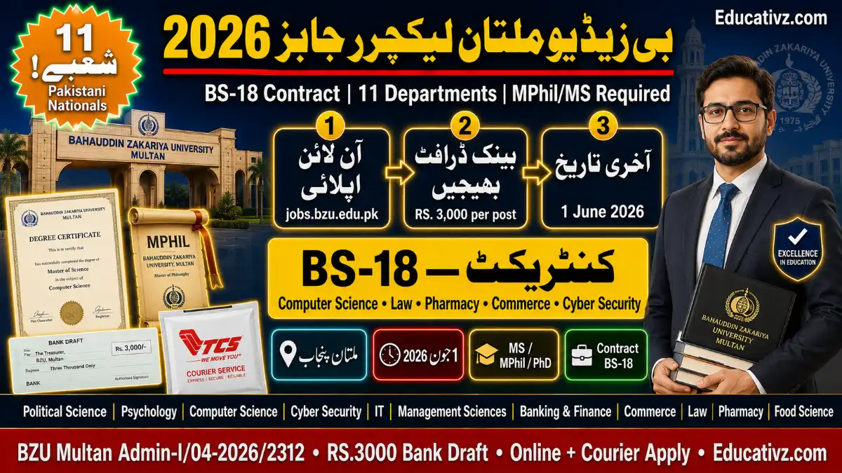 BZU Multan Lecturer Jobs 2026 — Bahauddin Zakariya University BS-18 Contract | Apply jobs.bzu.edu.pk | Educativz