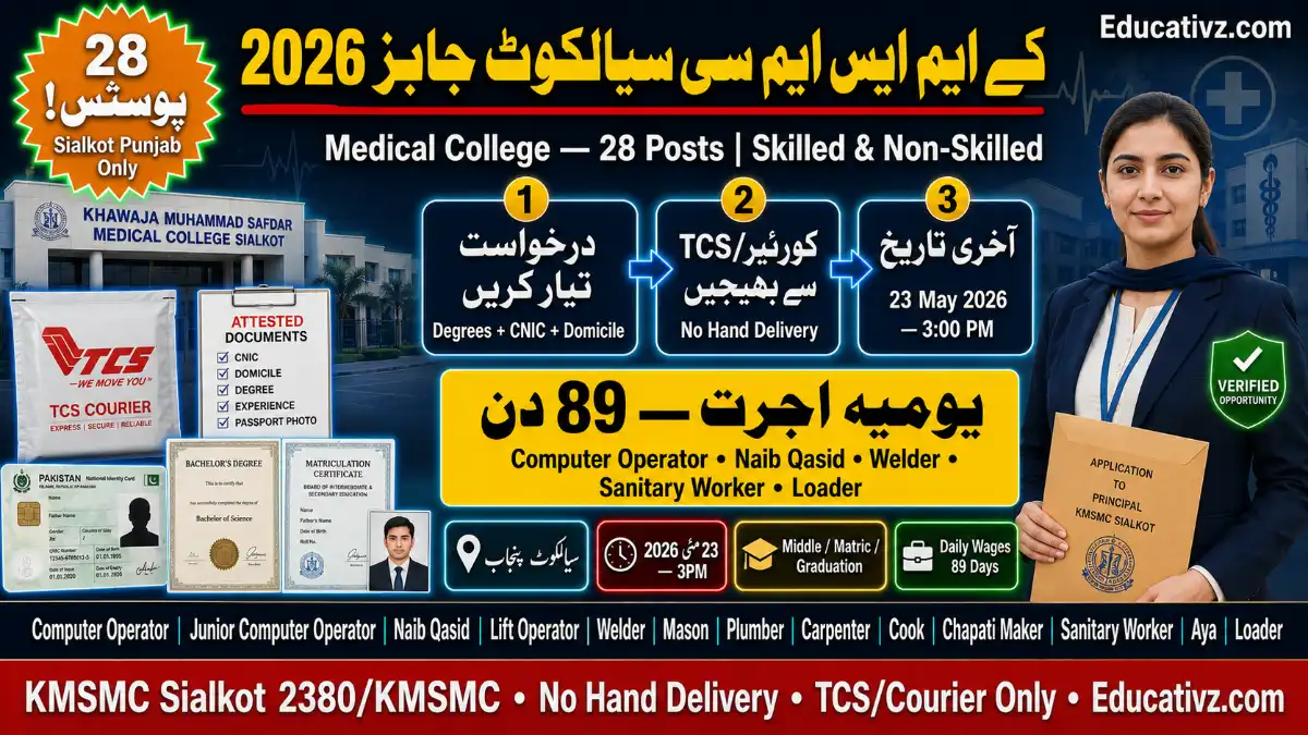 KMSMC Sialkot Jobs 2026 — Khawaja Muhammad Safdar Medical College | Computer Operator Naib Qasid Welder | Apply 23 May | Educativz