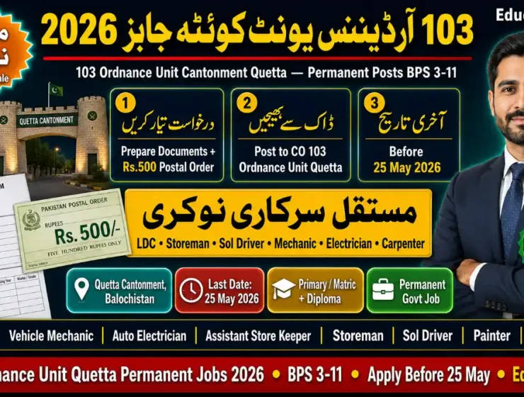Pak Army 103 Ordnance Unit Quetta Jobs 2026 — Cantonment 8 Permanent Posts BPS 3-11 Apply Before 25 May