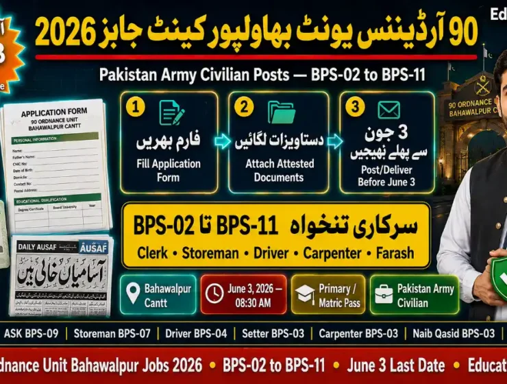 90 Ordnance Unit Bahawalpur Cantt Jobs 2026 — LDC, Storeman, Driver & More | Last Date June 3 | Educativz