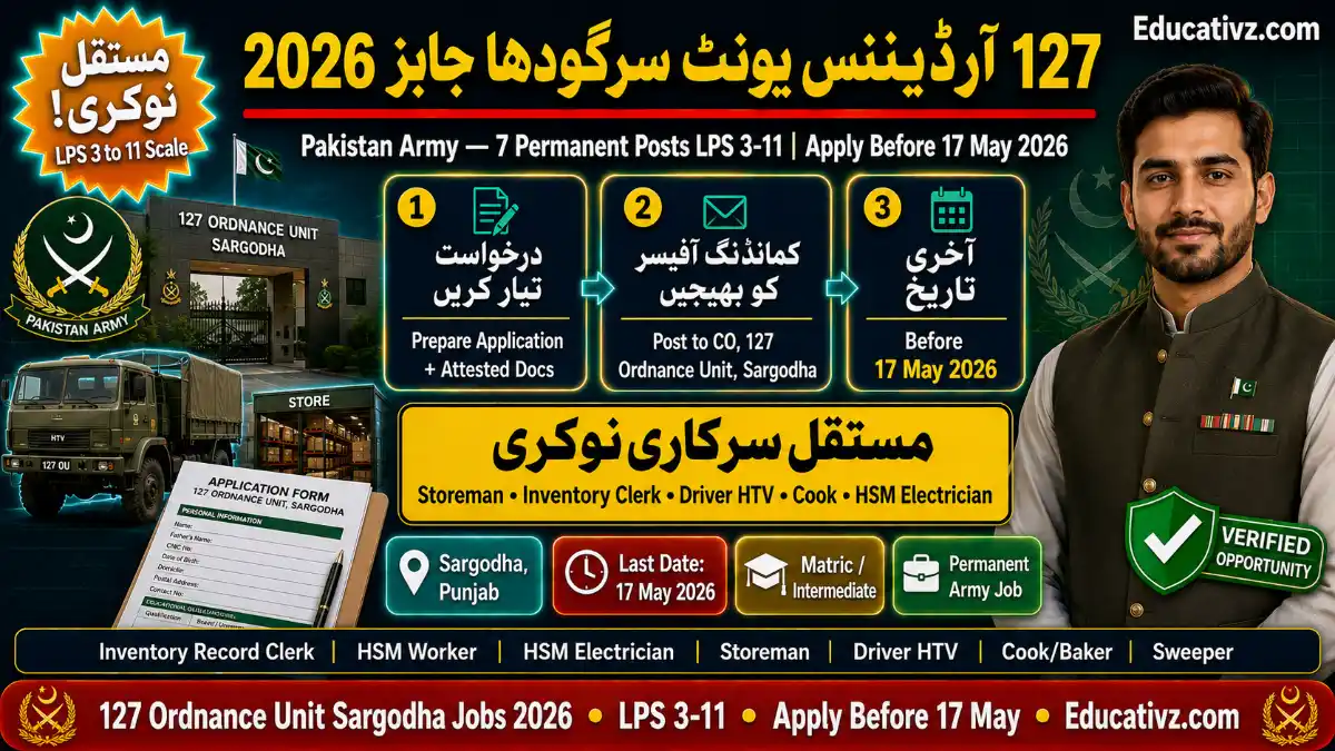 Pakistan Army 127 Ordnance Unit Sargodha Jobs 2026 — Pakistan Army 7 Permanent Posts LPS 3-11 Apply Before 17 May