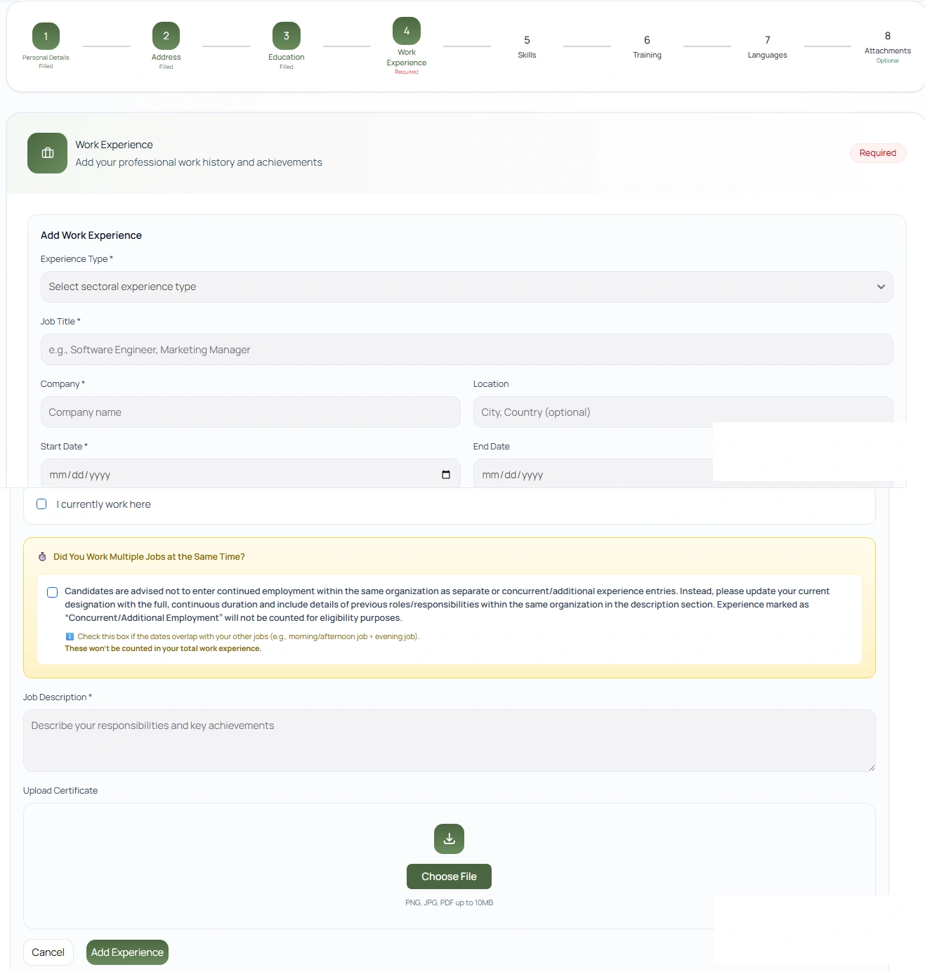 NJP Add Work Experience form with fields for experience type, job title, company, location, start and end date, job description, and certificate upload