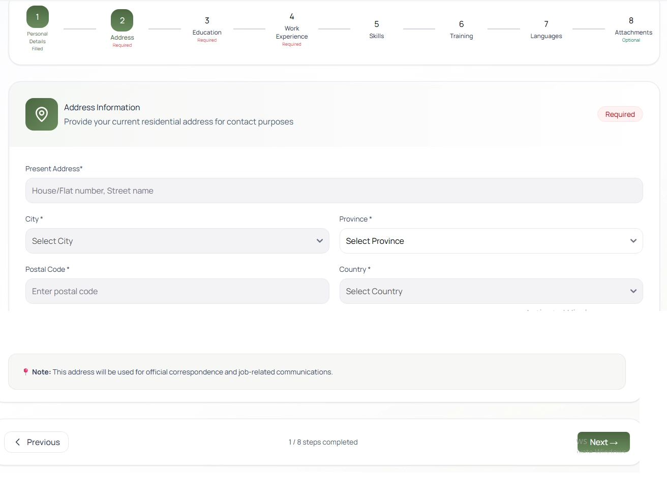 NJP portal Step 2 Address Information form with fields for present address, city, province, postal code, and country