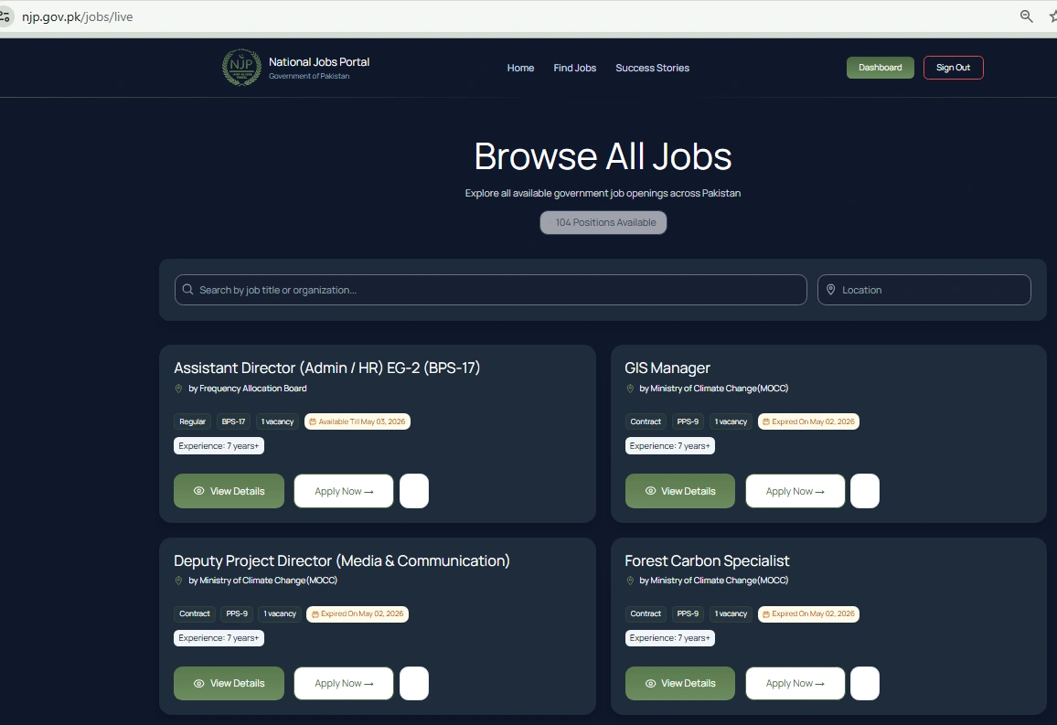  NJP portal live jobs page at njp.gov.pk showing 104 available government positions with job cards for Assistant Director, GIS Manager, Deputy Project Director, and Forest Carbon Specialist