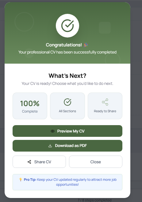 NJP portal congratulations popup showing 100% CV completion with options to preview, download as PDF, and share CV