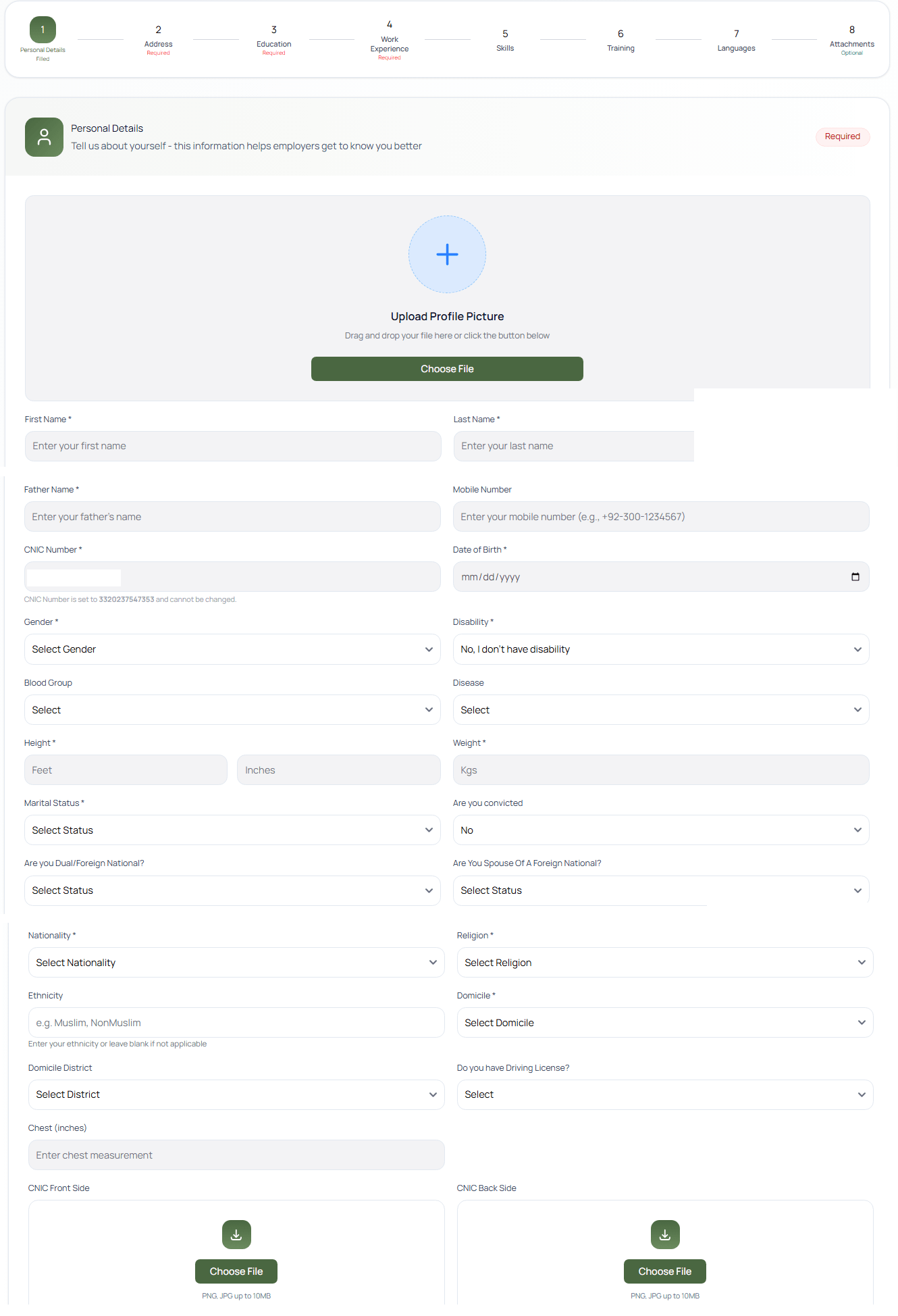 NJP portal personal details form showing fields for name, CNIC, date of birth, gender, domicile, and CNIC upload
