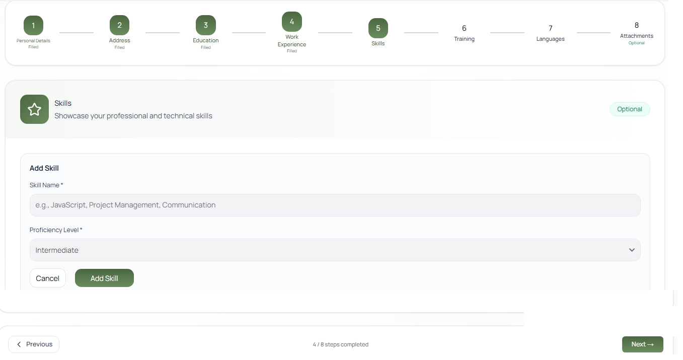 NJP portal Step 5 Skills section showing Add Skill form with skill name and proficiency level fields