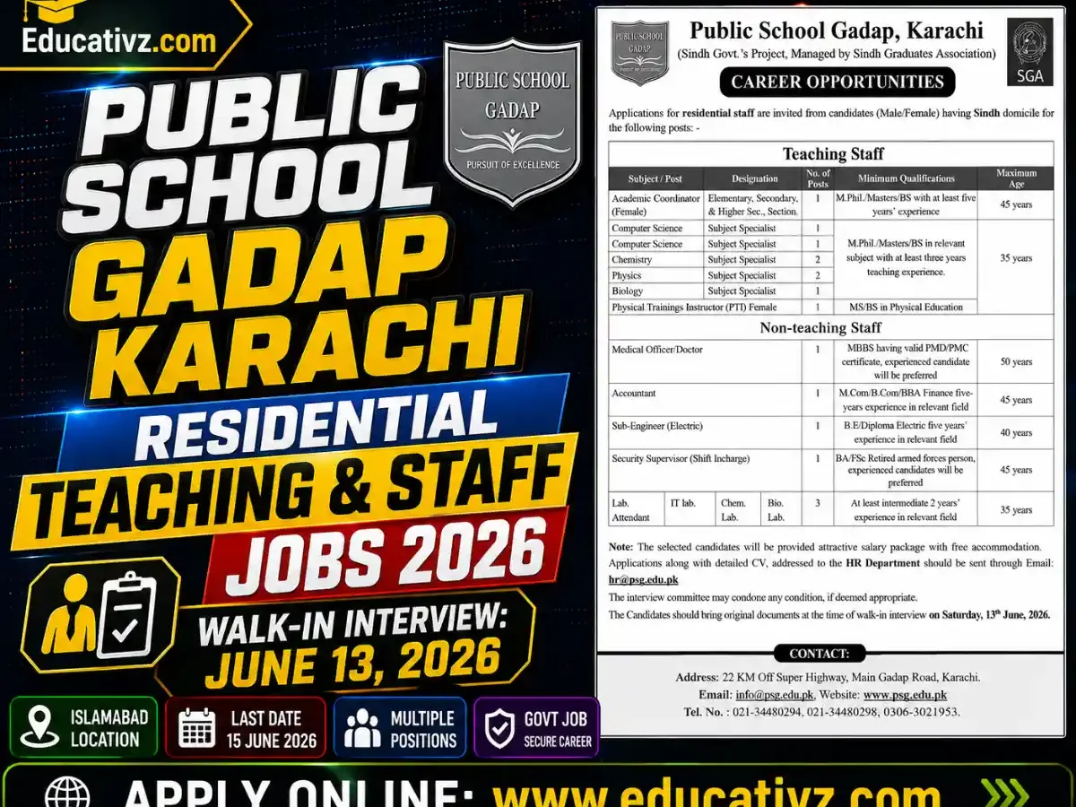Official Career Opportunities Notice for Public School Gadap Karachi Jobs 2026 June Advertisement