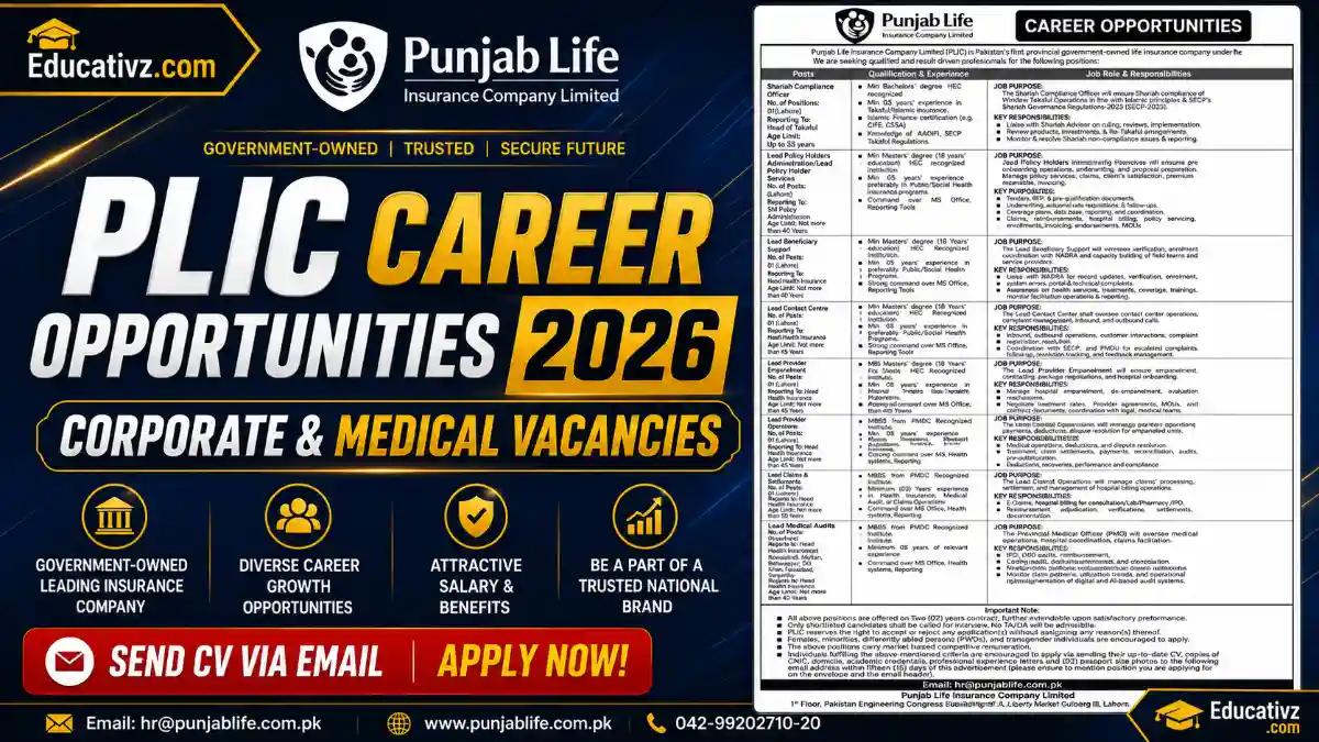Punjab Life Insurance Company Limited PLIC Jobs June Advertisement 2026