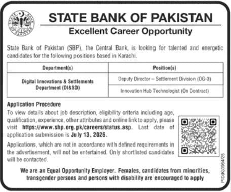 State Bank Of Pakistan SBP Karachi Jobs Notice July 2026 Advertisement