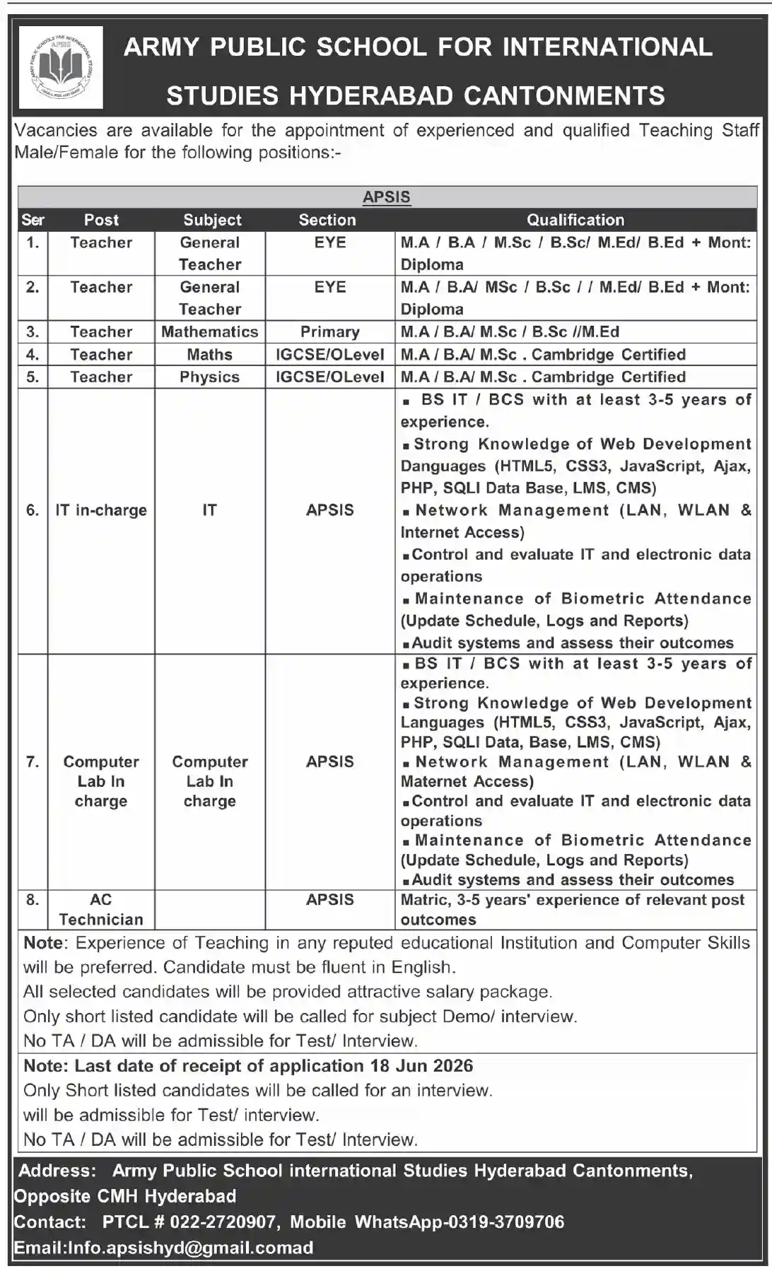 Army Public School International Studies APSIS Hyderabad Cantonments Faculty and IT Incharge June 2026 Recruitment Layout Scan