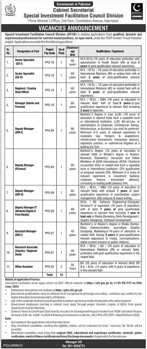 Official Cabinet Secretariat SIFC Islamabad June 2026 Project Vacancy Announcement Layout Scan