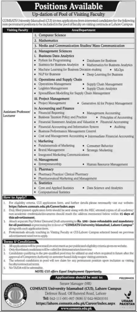 Official COMSATS University CUI Lahore Campus June 2026 Visiting Faculty Pool Recruitment Advertisement