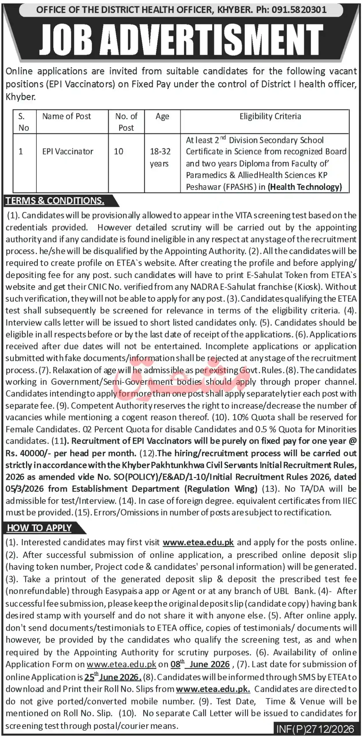 Official Office of the District Health Officer DHO Khyber June 2026 Government Job Advertisement