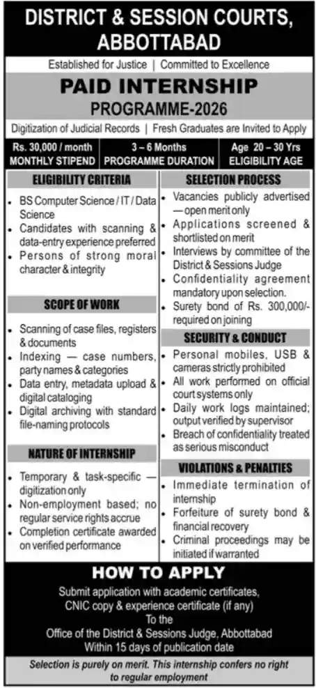 District & Session Court Abbottabad Internship & Jobs 2026 June Advertisement Newspaper Notice Page