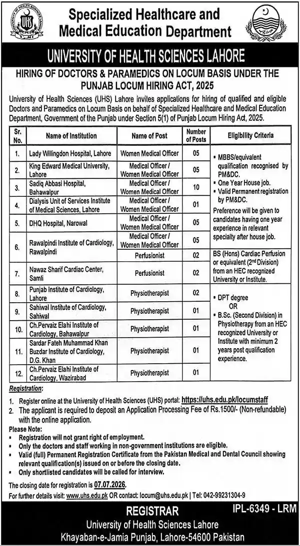 Doctor Jobs At University Of Health Sciences Lahore 2026 Newspaper Advertisement Notice Page