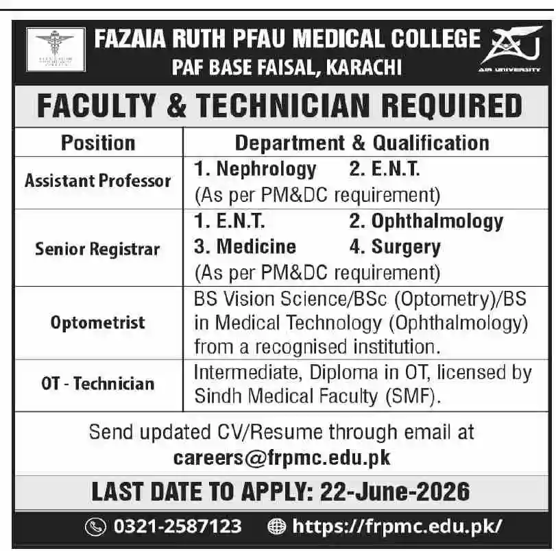 Official Fazaia Ruth Pfau Medical College FRPMC Karachi Faculty and Technical Staff June 2026 Advertisement